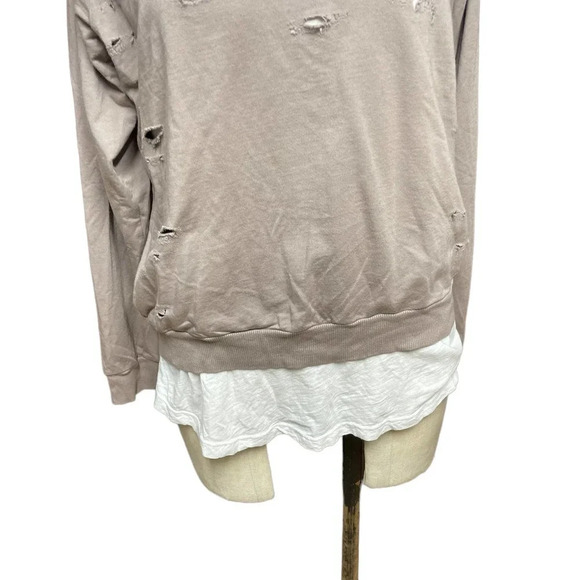 Monrow Distressed Double Layer Sweatshirt Fawn White Size Medium - Picture 4 of 11